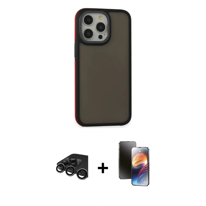 MARSİLYAN™- iPhone 15 Pro Max Kılıf Eksen Işık - Siyah 3D Antistatik Mat Seramik Nano Ekran Koruyucu + Raze Metal Kamera Lens - TMGI