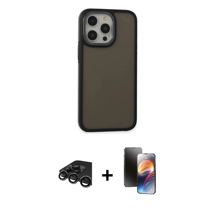 MARSİLYAN™- iPhone 15 Pro Max Kılıf Eksen Işık - Siyah 3D Antistatik Mat Seramik Nano Ekran Koruyucu + Raze Metal Kamera Lens - TMGI