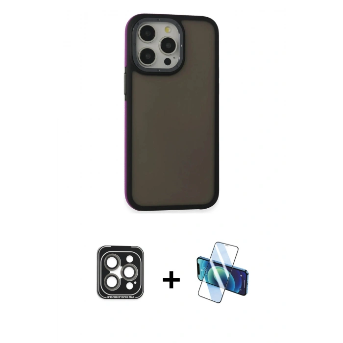MARSİLYAN™- iPhone 15 Pro Max Kılıf Eksen Işık - Siyah 3D Antistatik Seramik Nano Ekran Koruyucu + Gri PVD Metal Kamera Lens