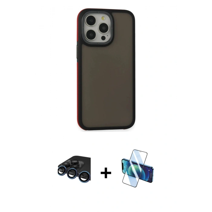 MARSİLYAN™- iPhone 15 Pro Max Kılıf Eksen Işık - Siyah 3D Antistatik Seramik Nano Ekran Koruyucu + Lacivert Raze Metal Kamera Lens