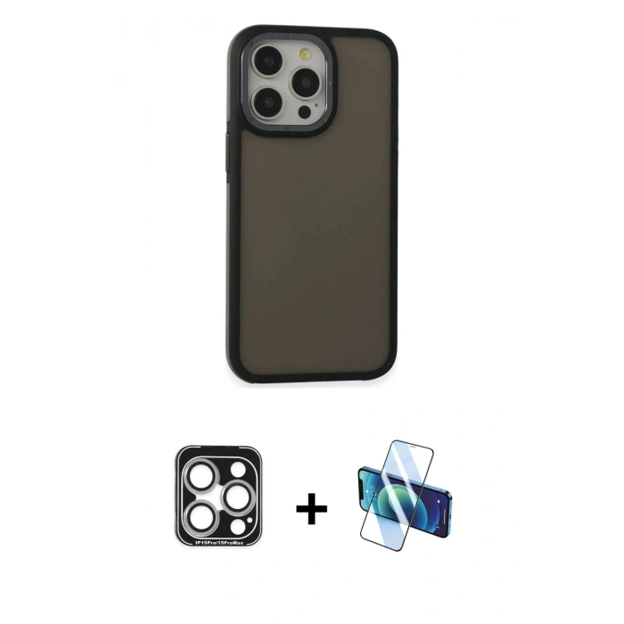 MARSİLYAN™- iPhone 15 Pro Max Kılıf Eksen Işık - Siyah 3D Antistatik Seramik Nano Ekran Koruyucu + PVD Metal Kamera Lens - GS