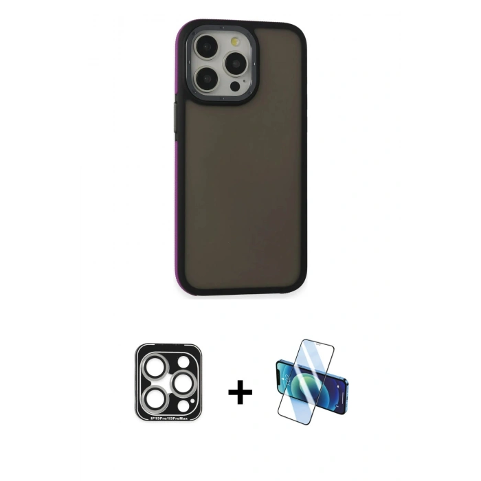 MARSİLYAN™- iPhone 15 Pro Max Kılıf Eksen Işık - Siyah 3D Antistatik Seramik Nano Ekran Koruyucu + PVD Metal Kamera Lens - GS