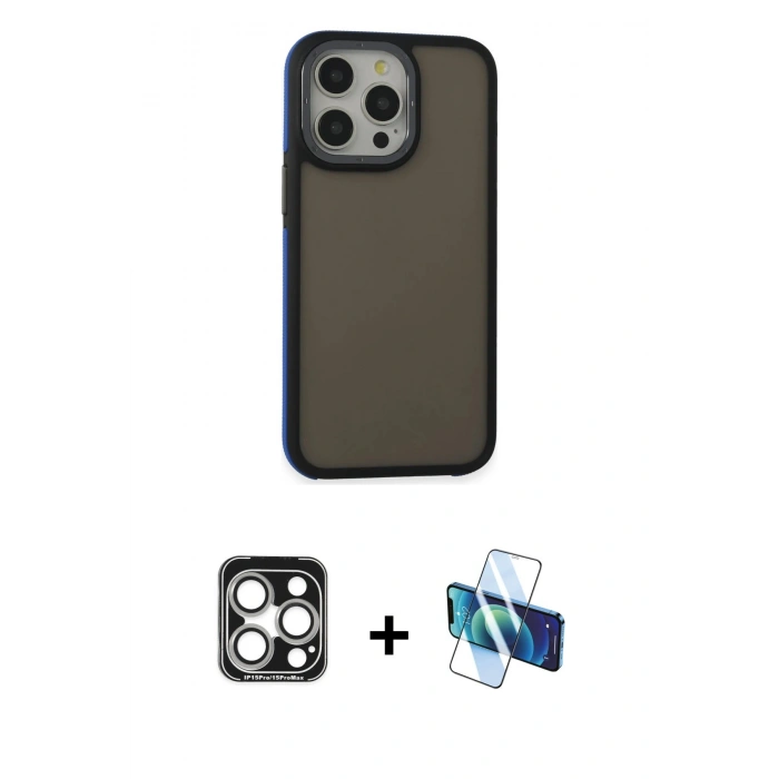 MARSİLYAN™- iPhone 15 Pro Max Kılıf Eksen Işık - Siyah 3D Antistatik Seramik Nano Ekran Koruyucu + PVD Metal Kamera Lens - GS