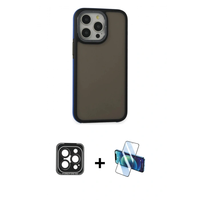 MARSİLYAN™- iPhone 15 Pro Max Kılıf Eksen Işık - Siyah 3D Antistatik Seramik Nano Ekran Koruyucu + PVD Metal Kamera Lens - SH