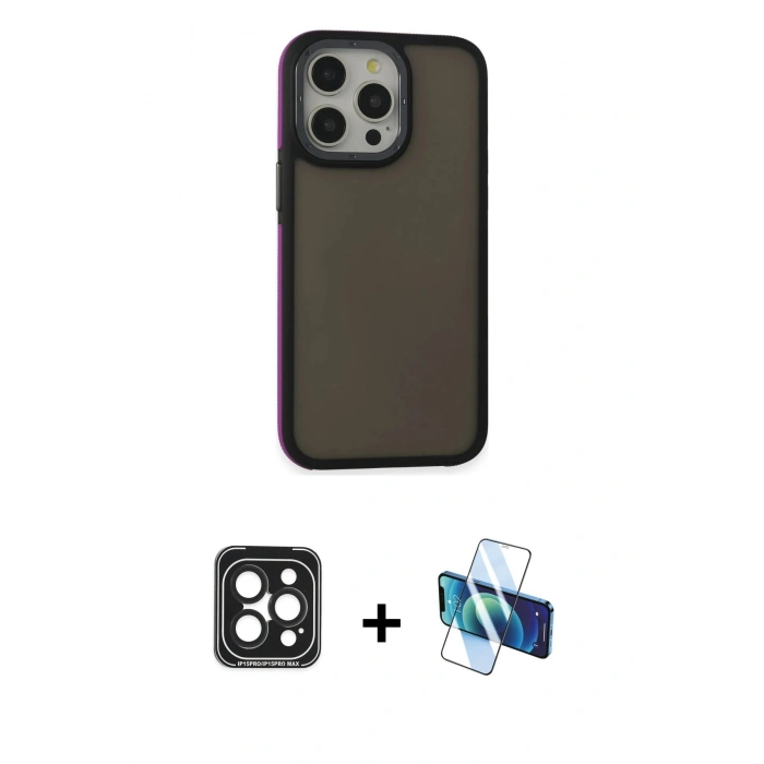 MARSİLYAN™- iPhone 15 Pro Max Kılıf Eksen Işık - Siyah 3D Antistatik Seramik Nano Ekran Koruyucu + Siyah PVD Metal Kamera Lens