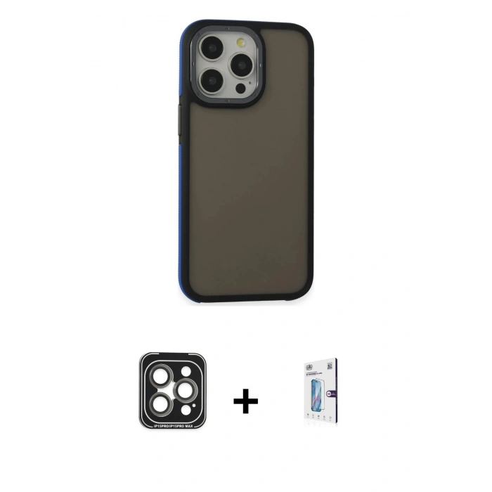 MARSİLYAN™- iPhone 15 Pro Max Kılıf Eksen Işık - Siyah Bilvis 0.18mm Plus Cam Ekran Koruyucu + Gri PVD Metal Kamera Lens