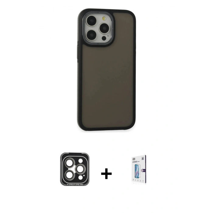 MARSİLYAN™- iPhone 15 Pro Max Kılıf Eksen Işık - Siyah Bilvis 0.18mm Plus Cam Ekran Koruyucu + Gri PVD Metal Kamera Lens