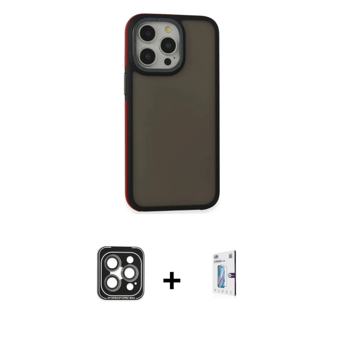MARSİLYAN™- iPhone 15 Pro Max Kılıf Eksen Işık - Siyah Bilvis 0.18mm Plus Cam Ekran Koruyucu + Gri PVD Metal Kamera Lens