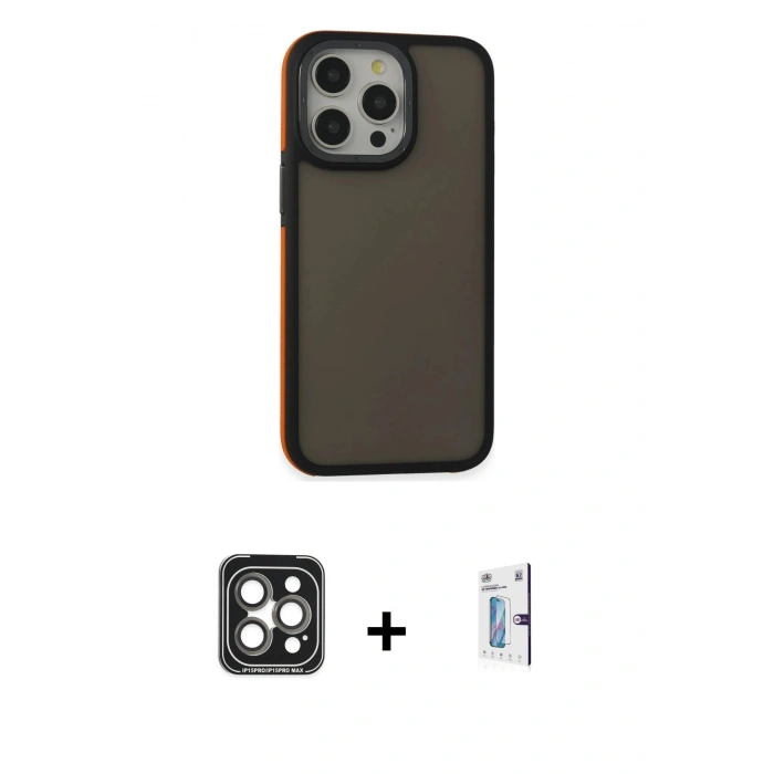 MARSİLYAN™- iPhone 15 Pro Max Kılıf Eksen Işık - Siyah Bilvis 0.18mm Plus Cam Ekran Koruyucu + Gri PVD Metal Kamera Lens