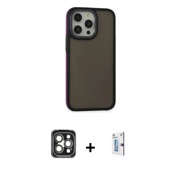 MARSİLYAN™- iPhone 15 Pro Max Kılıf Eksen Işık - Siyah Bilvis 0.18mm Plus Cam Ekran Koruyucu + Gri PVD Metal Kamera Lens