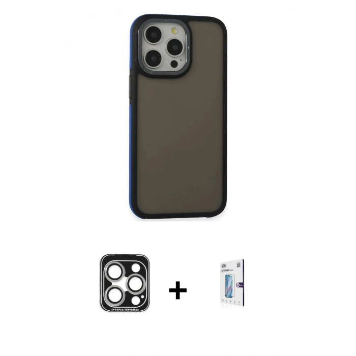 MARSİLYAN™- iPhone 15 Pro Max Kılıf Eksen Işık - Siyah Bilvis 0.18mm Plus Cam Ekran Koruyucu + PVD Metal Kamera Lens - GS