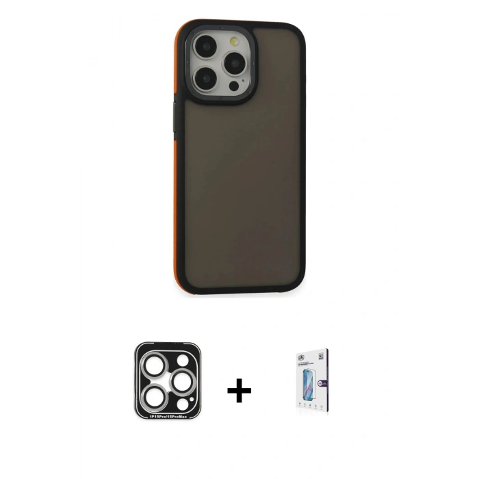 MARSİLYAN™- iPhone 15 Pro Max Kılıf Eksen Işık - Siyah Bilvis 0.18mm Plus Cam Ekran Koruyucu + PVD Metal Kamera Lens - GS