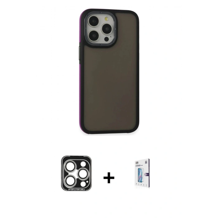 MARSİLYAN™- iPhone 15 Pro Max Kılıf Eksen Işık - Siyah Bilvis 0.18mm Plus Cam Ekran Koruyucu + PVD Metal Kamera Lens - GS