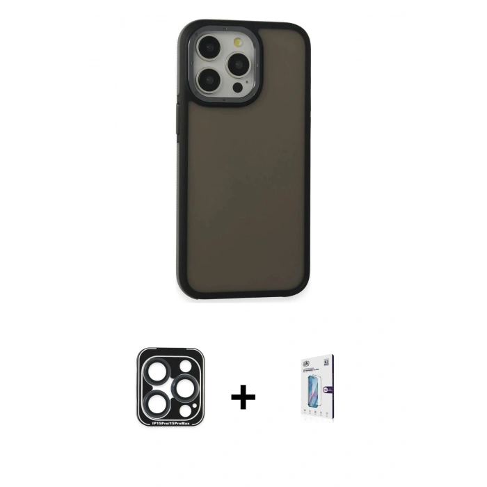 MARSİLYAN™- iPhone 15 Pro Max Kılıf Eksen Işık - Siyah Bilvis 0.18mm Plus Cam Ekran Koruyucu + PVD Metal Kamera Lens - LT