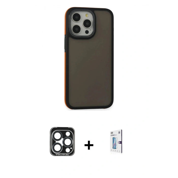 MARSİLYAN™- iPhone 15 Pro Max Kılıf Eksen Işık - Siyah Bilvis 0.18mm Plus Cam Ekran Koruyucu + PVD Metal Kamera Lens - LT