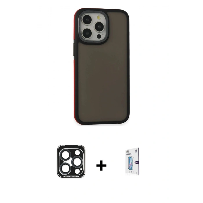 MARSİLYAN™- iPhone 15 Pro Max Kılıf Eksen Işık - Siyah Bilvis 0.18mm Plus Cam Ekran Koruyucu + PVD Metal Kamera Lens - LT