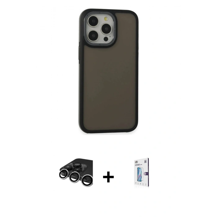 MARSİLYAN™- iPhone 15 Pro Max Kılıf Eksen Işık - Siyah Bilvis 0.18mm Plus Cam Ekran Koruyucu + Raze Metal Kamera Lens - GS