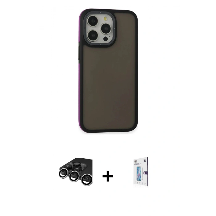 MARSİLYAN™- iPhone 15 Pro Max Kılıf Eksen Işık - Siyah Bilvis 0.18mm Plus Cam Ekran Koruyucu + Raze Metal Kamera Lens - GS