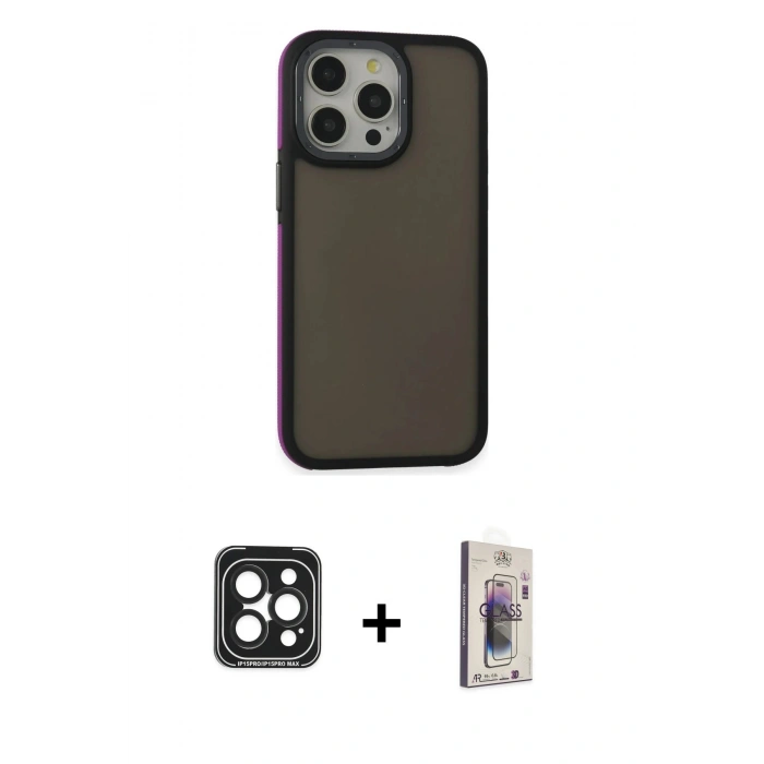 MARSİLYAN™- iPhone 15 Pro Max Kılıf Eksen Işık - Siyah Bilvis 3D Cam Ekran Koruyucu + PVD Metal Kamera Lens - SH