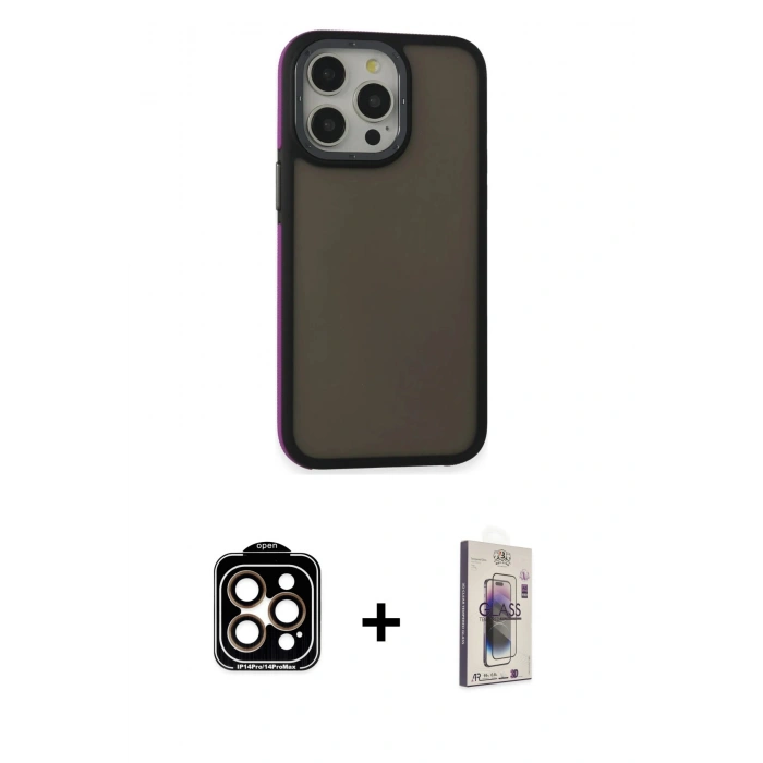 MARSİLYAN™- iPhone 15 Pro Max Kılıf Eksen Işık - Siyah Bilvis 3D Cam Ekran Koruyucu + PVD Metal Kamera Lens - TU