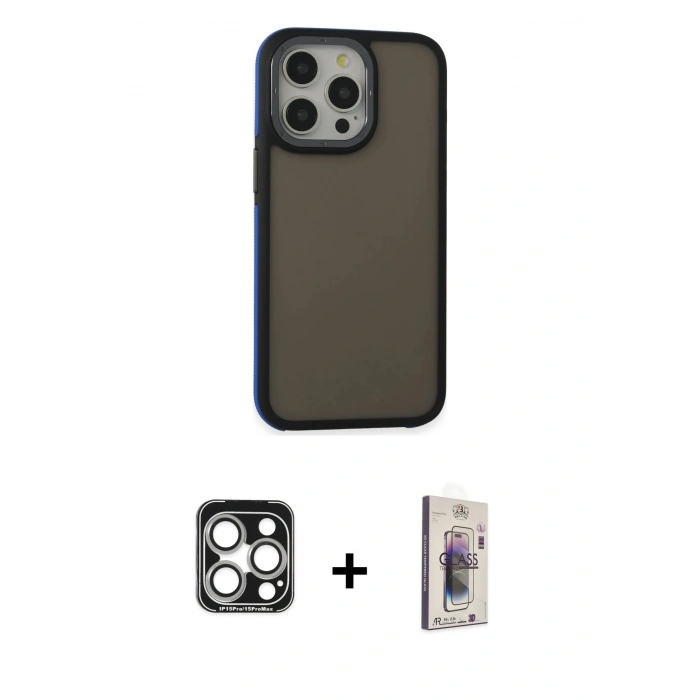 MARSİLYAN™- iPhone 15 Pro Max Kılıf Eksen Işık - Siyah Bilvis 3D Cam Ekran Koruyucu + PVD Metal Kamera Lens - GS