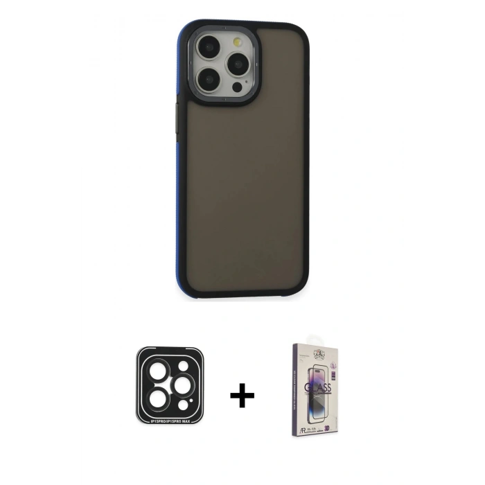MARSİLYAN™- iPhone 15 Pro Max Kılıf Eksen Işık - Siyah Bilvis 3D Cam Ekran Koruyucu + PVD Metal Kamera Lens - SH