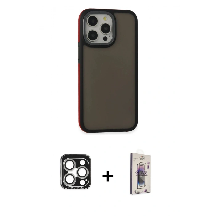 MARSİLYAN™- iPhone 15 Pro Max Kılıf Eksen Işık - Siyah Bilvis 3D Cam Ekran Koruyucu + PVD Metal Kamera Lens - GS