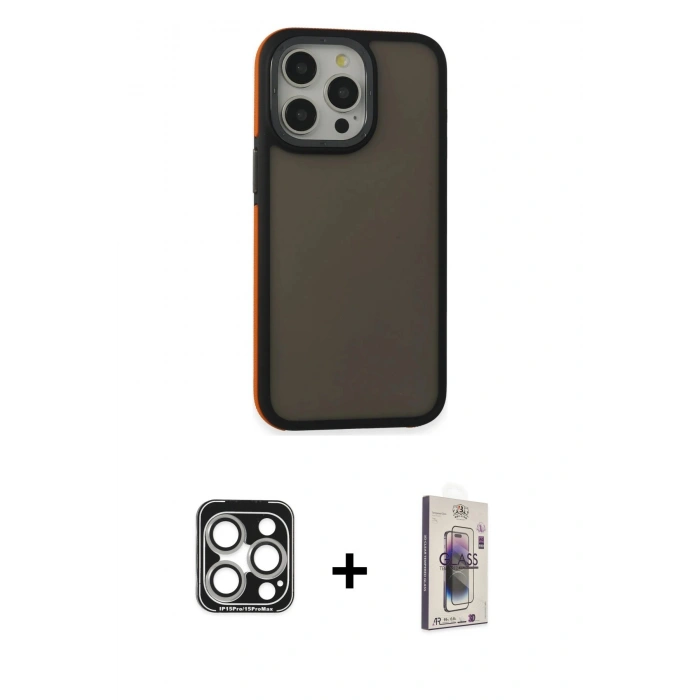 MARSİLYAN™- iPhone 15 Pro Max Kılıf Eksen Işık - Siyah Bilvis 3D Cam Ekran Koruyucu + PVD Metal Kamera Lens - GS