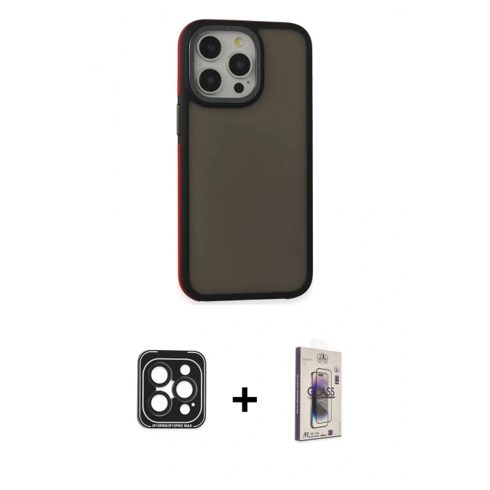MARSİLYAN™- iPhone 15 Pro Max Kılıf Eksen Işık - Siyah Bilvis 3D Cam Ekran Koruyucu + PVD Metal Kamera Lens - SH