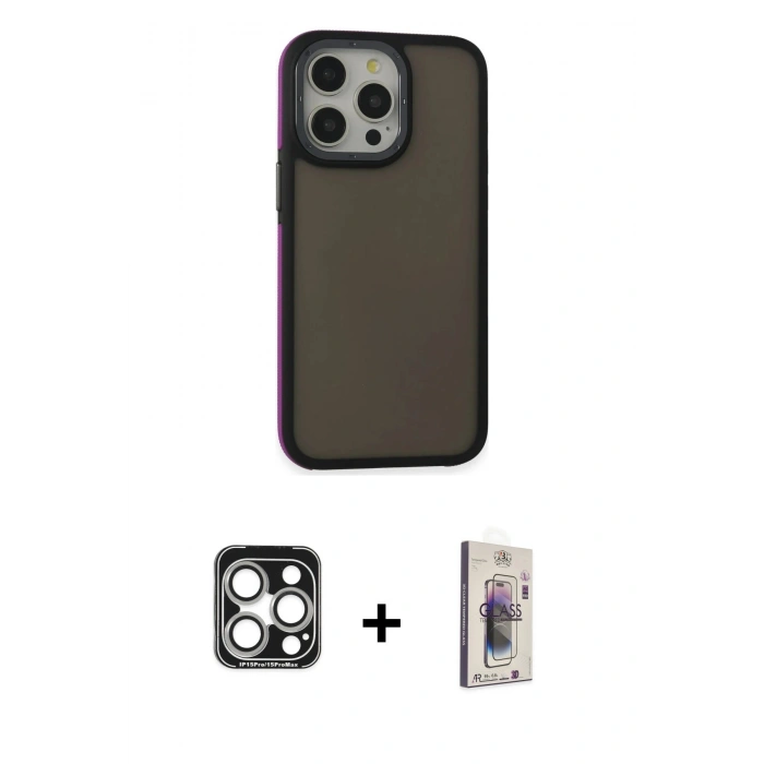 MARSİLYAN™- iPhone 15 Pro Max Kılıf Eksen Işık - Siyah Bilvis 3D Cam Ekran Koruyucu + PVD Metal Kamera Lens - GS