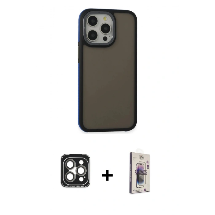 MARSİLYAN™- iPhone 15 Pro Max Kılıf Eksen Işık - Siyah Bilvis 3D Cam Ekran Koruyucu + PVD Metal Kamera Lens - GI