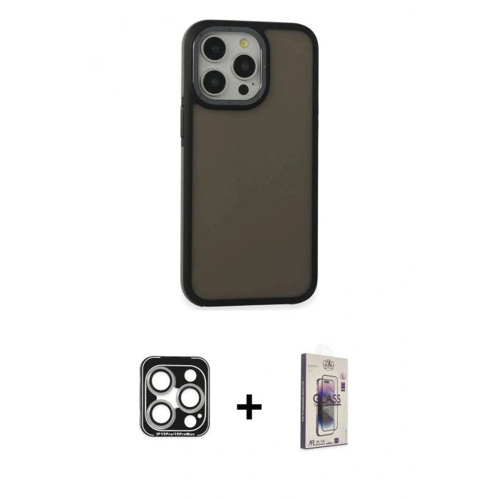 MARSİLYAN™- iPhone 15 Pro Max Kılıf Eksen Işık - Siyah Bilvis 3D Cam Ekran Koruyucu + PVD Metal Kamera Lens - GS