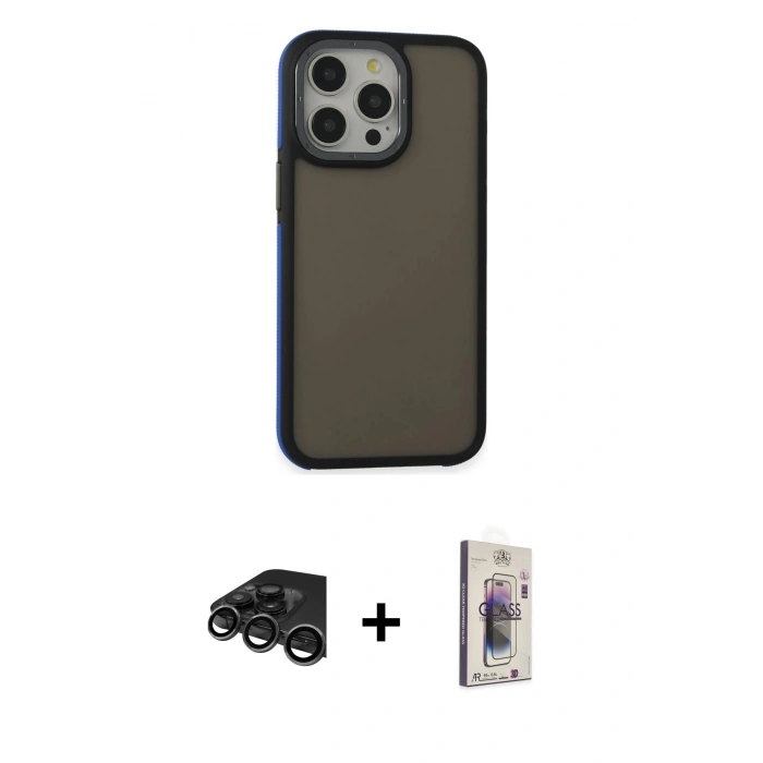 MARSİLYAN™- iPhone 15 Pro Max Kılıf Eksen Işık - Siyah Bilvis 3D Cam Ekran Koruyucu + Raze Metal Kamera Lens - TMGI