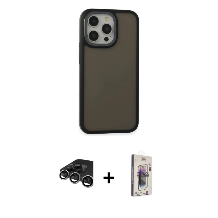 MARSİLYAN™- iPhone 15 Pro Max Kılıf Eksen Işık - Siyah Bilvis 3D Cam Ekran Koruyucu + Raze Metal Kamera Lens - GS