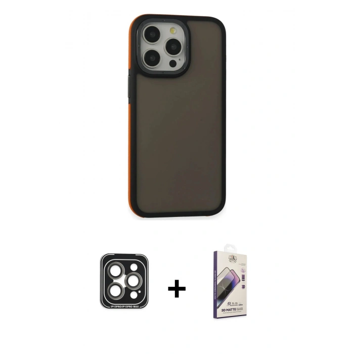 MARSİLYAN™- iPhone 15 Pro Max Kılıf Eksen Işık - Siyah Bilvis 3D Mat Cam Ekran Koruyucu + PVD Metal Kamera Lens - GI