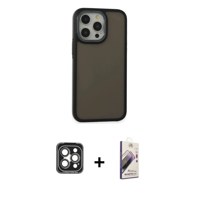 MARSİLYAN™- iPhone 15 Pro Max Kılıf Eksen Işık - Siyah Bilvis 3D Mat Cam Ekran Koruyucu + PVD Metal Kamera Lens - GI