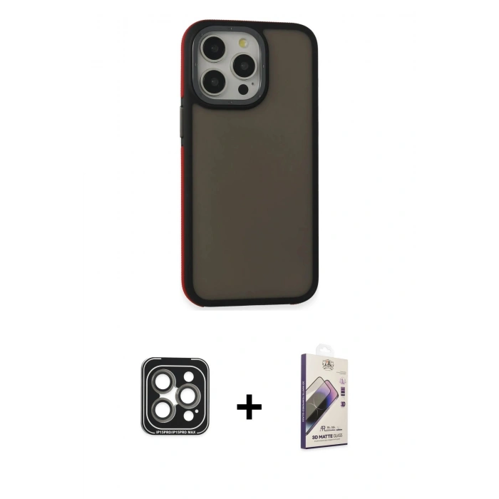 MARSİLYAN™- iPhone 15 Pro Max Kılıf Eksen Işık - Siyah Bilvis 3D Mat Cam Ekran Koruyucu + PVD Metal Kamera Lens - GI