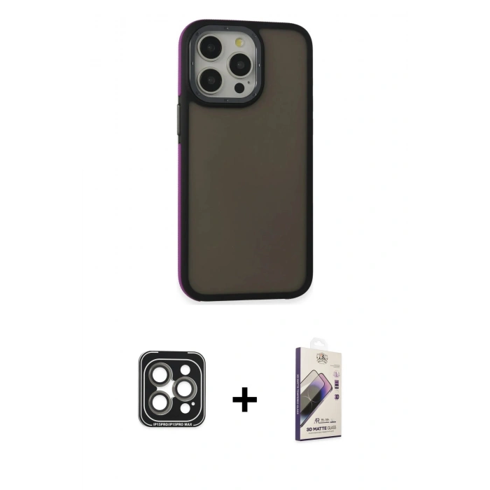 MARSİLYAN™- iPhone 15 Pro Max Kılıf Eksen Işık - Siyah Bilvis 3D Mat Cam Ekran Koruyucu + PVD Metal Kamera Lens - GI
