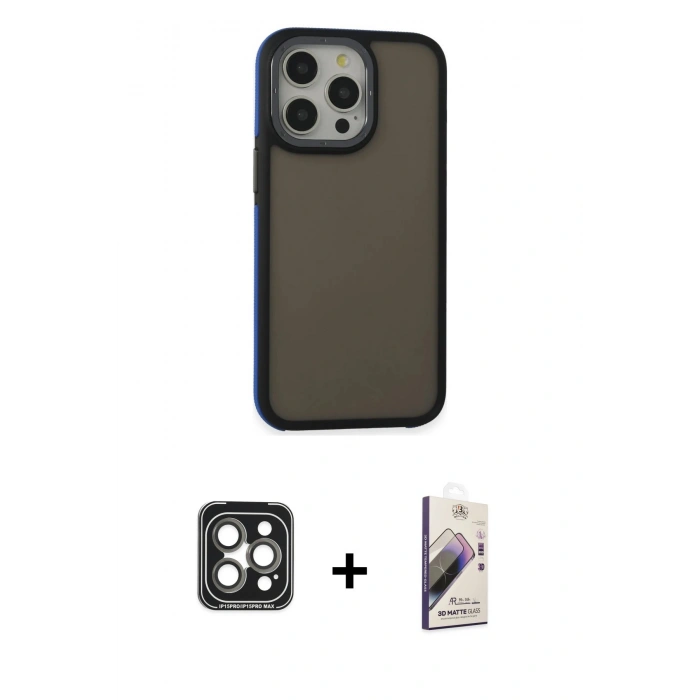 MARSİLYAN™- iPhone 15 Pro Max Kılıf Eksen Işık - Siyah Bilvis 3D Mat Cam Ekran Koruyucu + PVD Metal Kamera Lens - GI