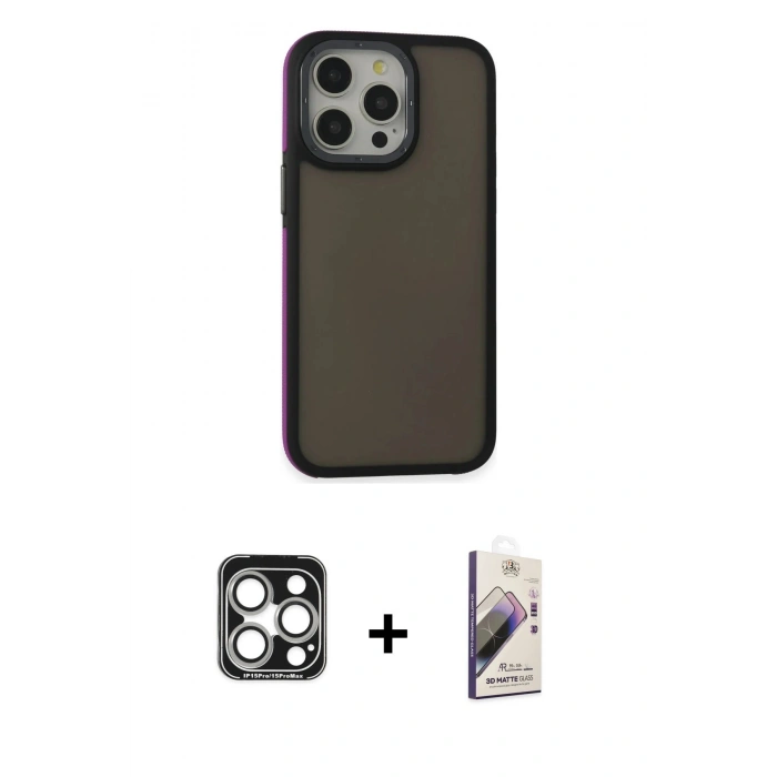 MARSİLYAN™- iPhone 15 Pro Max Kılıf Eksen Işık - Siyah Bilvis 3D Mat Cam Ekran Koruyucu + Gümüş PVD Metal Kamera Lens