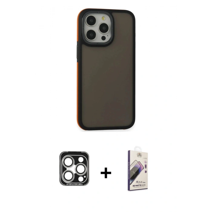 MARSİLYAN™- iPhone 15 Pro Max Kılıf Eksen Işık - Siyah Bilvis 3D Mat Cam Ekran Koruyucu + Gümüş PVD Metal Kamera Lens