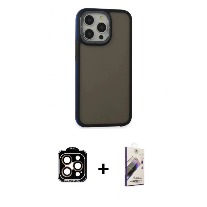 MARSİLYAN™- iPhone 15 Pro Max Kılıf Eksen Işık - Siyah Bilvis 3D Mat Cam Ekran Koruyucu + PVD Metal Kamera Lens - TU