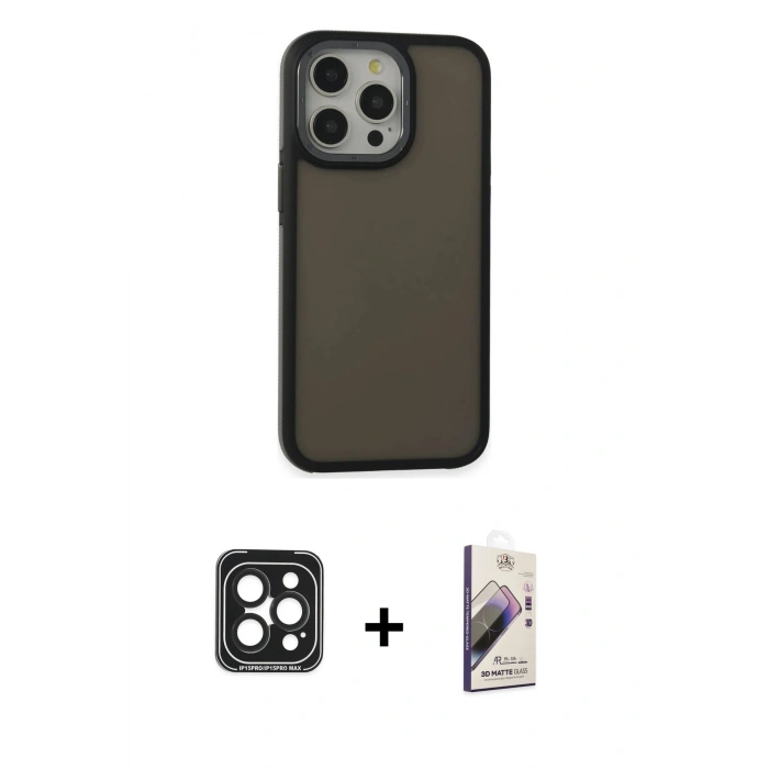 MARSİLYAN™- iPhone 15 Pro Max Kılıf Eksen Işık - Siyah Bilvis 3D Mat Cam Ekran Koruyucu + PVD Metal Kamera Lens - SH