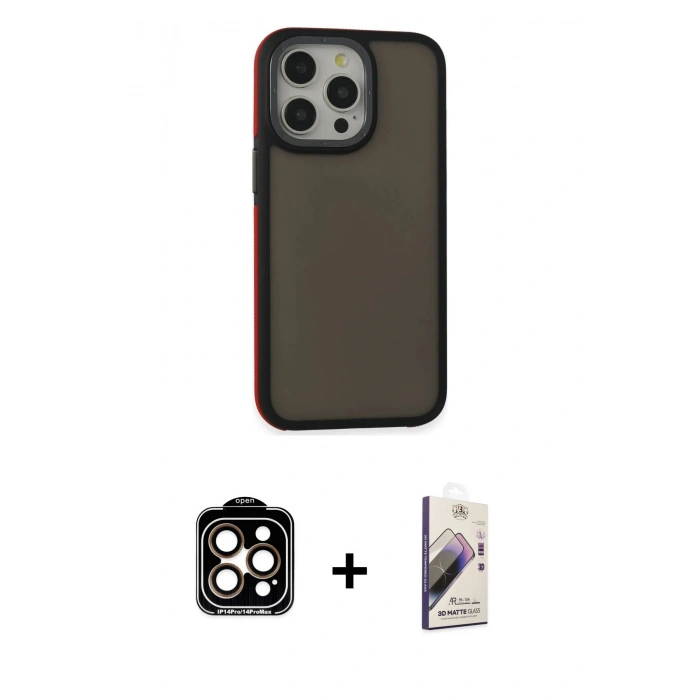 MARSİLYAN™- iPhone 15 Pro Max Kılıf Eksen Işık - Siyah Bilvis 3D Mat Cam Ekran Koruyucu + PVD Metal Kamera Lens - TU