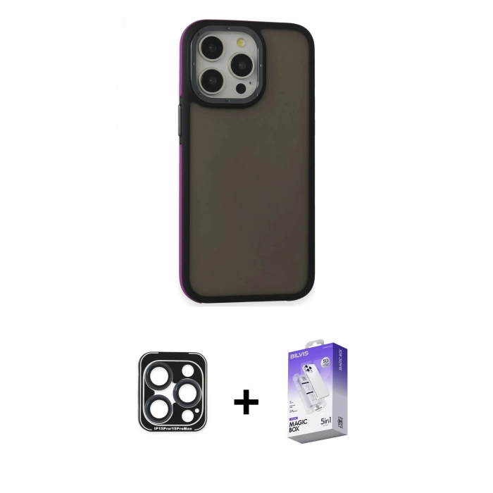 MARSİLYAN™- iPhone 15 Pro Max Kılıf Eksen Işık - Siyah Bilvis 5in1 3D Magic Cam Ekran Koruyucu + Lacivert PVD Metal Kamera Lens