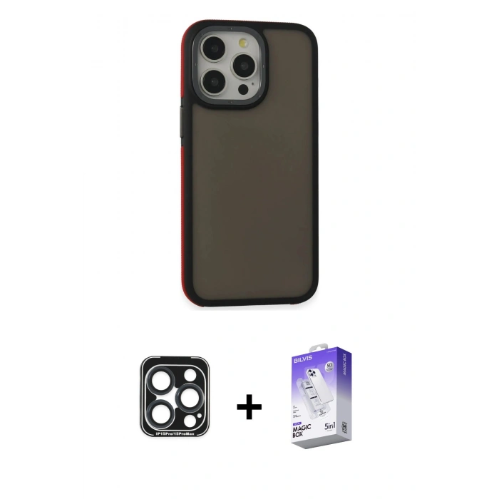 MARSİLYAN™- iPhone 15 Pro Max Kılıf Eksen Işık - Siyah Bilvis 5in1 3D Magic Cam Ekran Koruyucu + Lacivert PVD Metal Kamera Lens