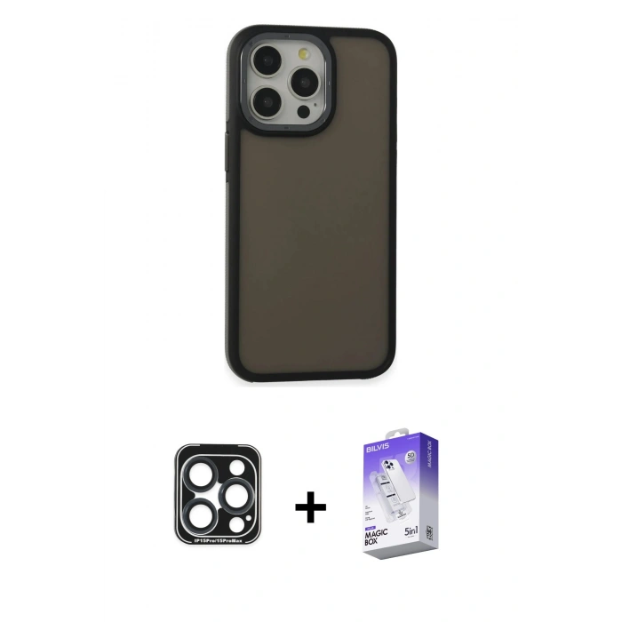 MARSİLYAN™- iPhone 15 Pro Max Kılıf Eksen Işık - Siyah Bilvis 5in1 3D Magic Cam Ekran Koruyucu + Lacivert PVD Metal Kamera Lens