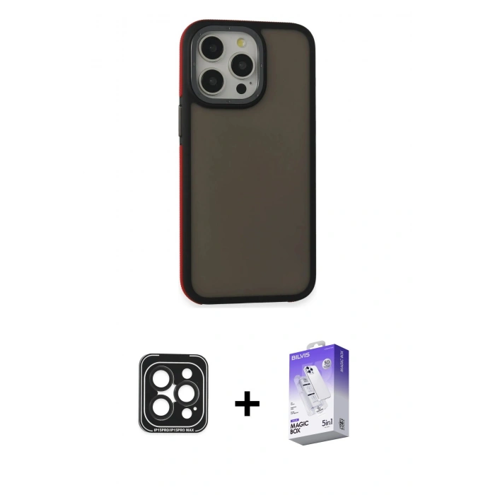 MARSİLYAN™- iPhone 15 Pro Max Kılıf Eksen Işık - Siyah Bilvis 5in1 3D Magic Cam Ekran Koruyucu + PVD Metal Kamera Lens - SH