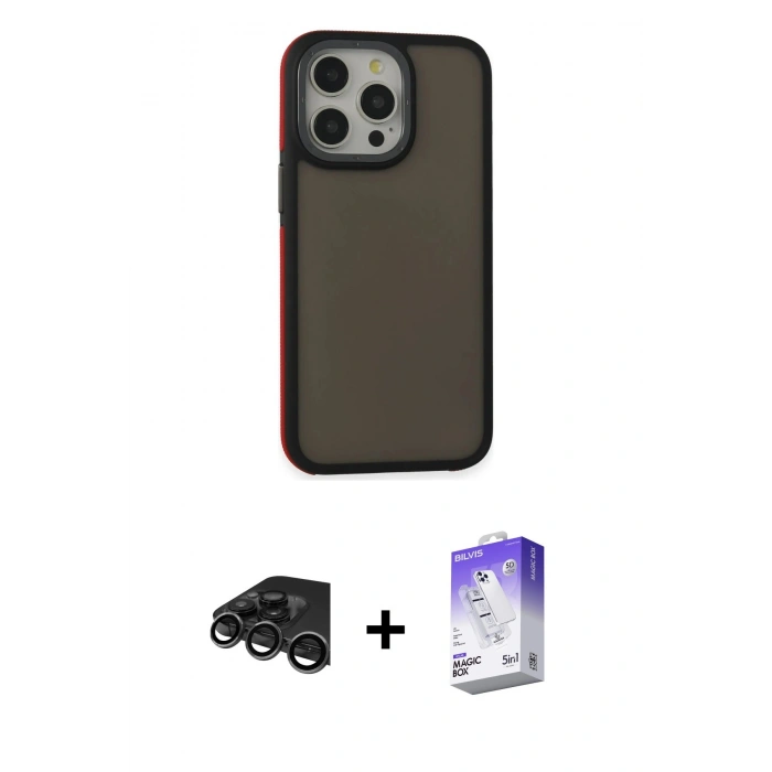 MARSİLYAN™- iPhone 15 Pro Max Kılıf Eksen Işık - Siyah Bilvis 5in1 3D Magic Cam Ekran Koruyucu + Raze Metal Kamera Lens - TMGI