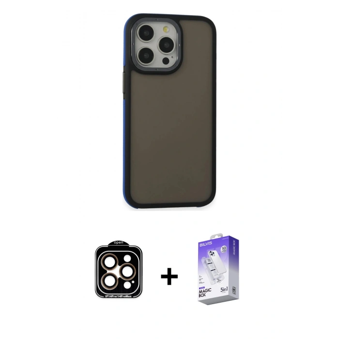 MARSİLYAN™- iPhone 15 Pro Max Kılıf Eksen Işık - Siyah Bilvis 5in1 3D Magic Cam Ekran Koruyucu + Turuncu PVD Metal Kamera Lens